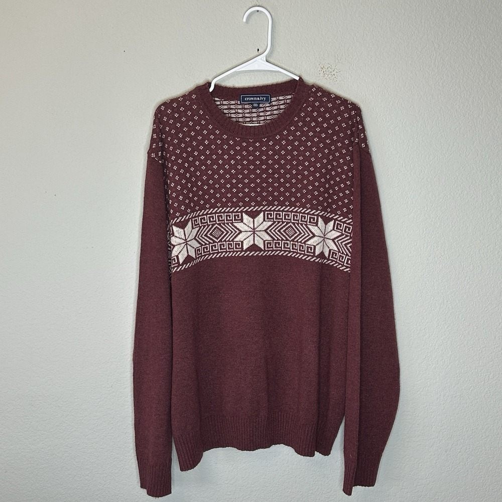 Crown & Ivy Men's XXL Fair Isle Snowflake Sweater Burgundy Lambswool Blend 2XL